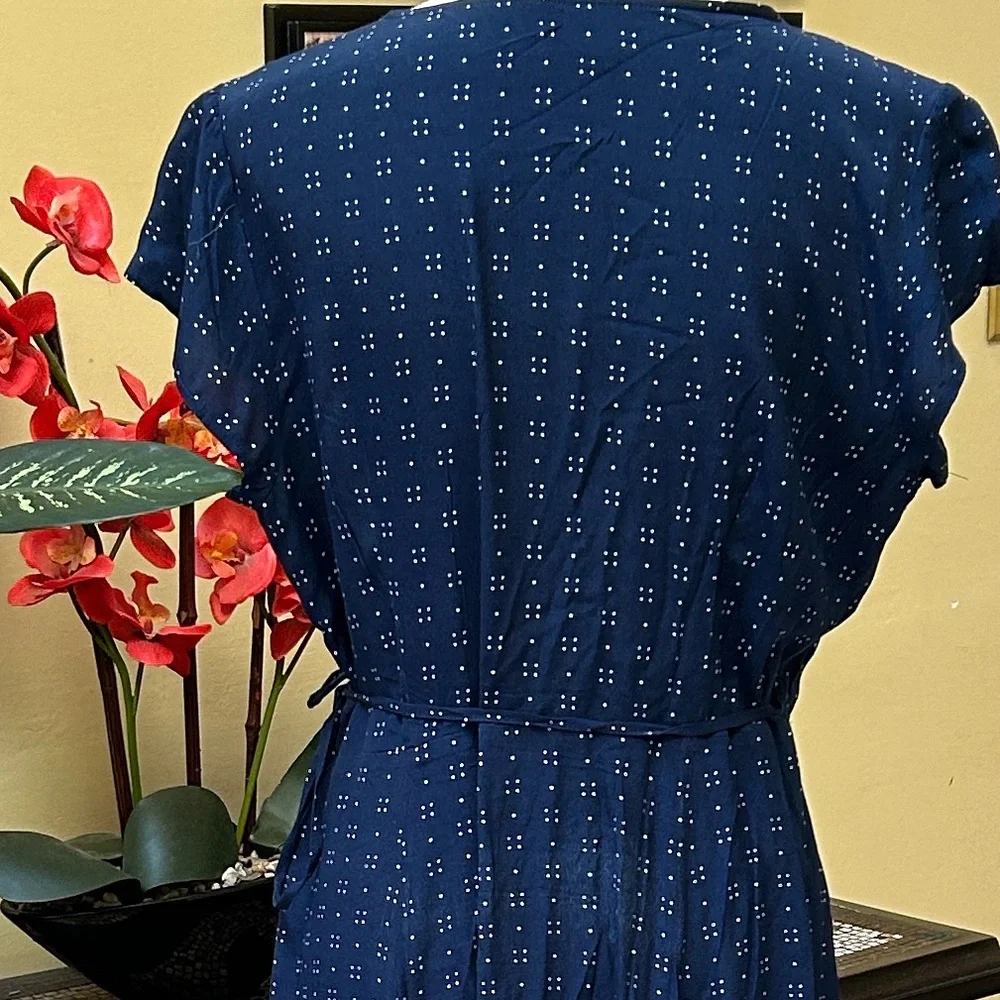 Gap Women’s Navy Blue Dot Print Short Sleeve Full Maxi Wrap Dress Tie Waist Med - Picture 12 of 16